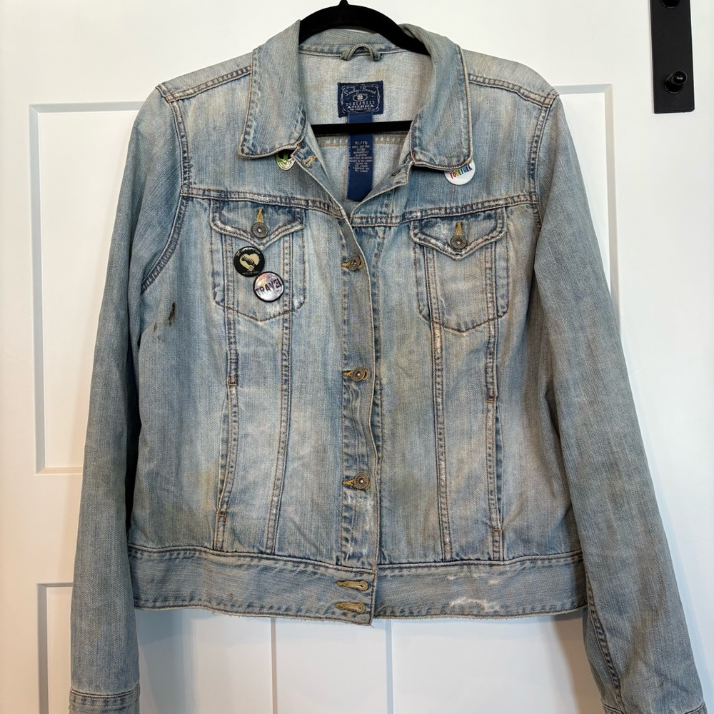 Lucky Brand Dungarees America Women's Denim Trucker Jean Jacket XL Pins Patches